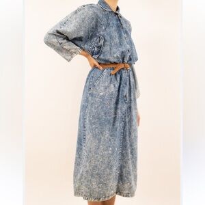 Vintage 1980s Claudine Bueche Acid Wash Denim Midi 3/4 Sleeve Dress Size Medium